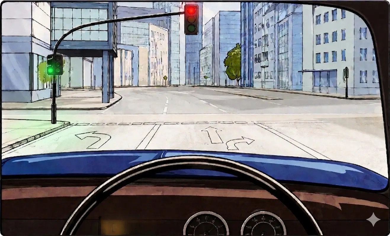 Driver's view at traffic lights showing red for all directions in a city